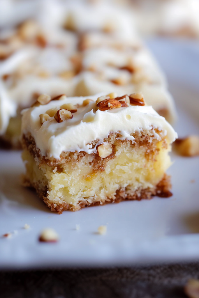 Frosted party cake slice with a soft crumb and pecan garnish, ready to serve.
