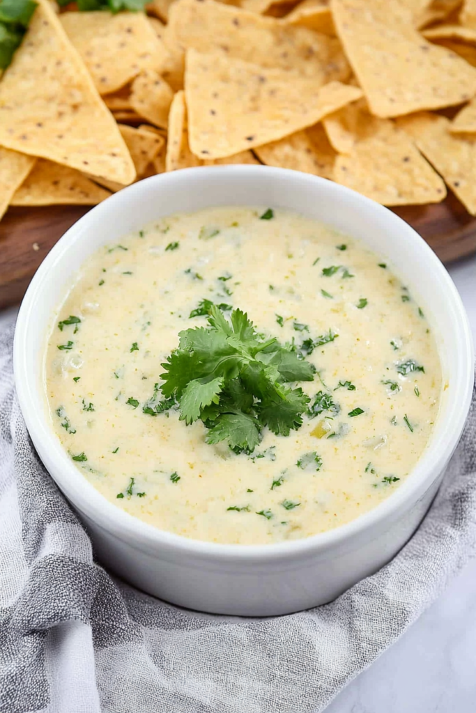 Appetizer spread with golden tortilla chips and creamy dip.