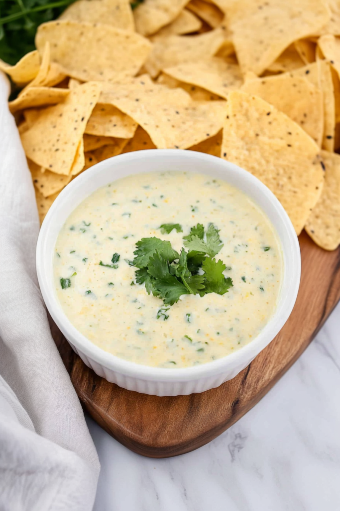 Bowl of rich, melted cheese garnished with cilantro leaves.