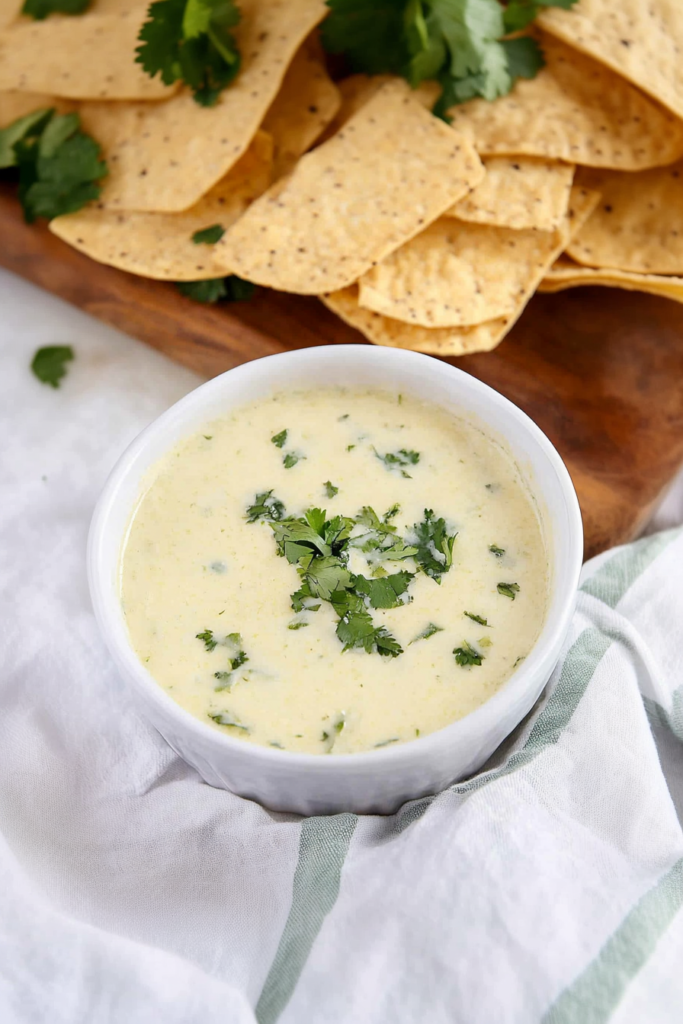 Smooth white cheese sauce surrounded by tortilla chips.