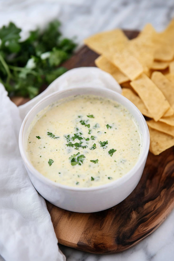 Creamy queso dip in a bowl, topped with fresh cilantro.