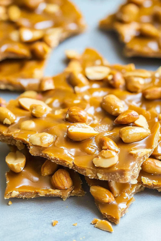 Peanut-studded brittle showing crisp edges and smooth, glossy finish.