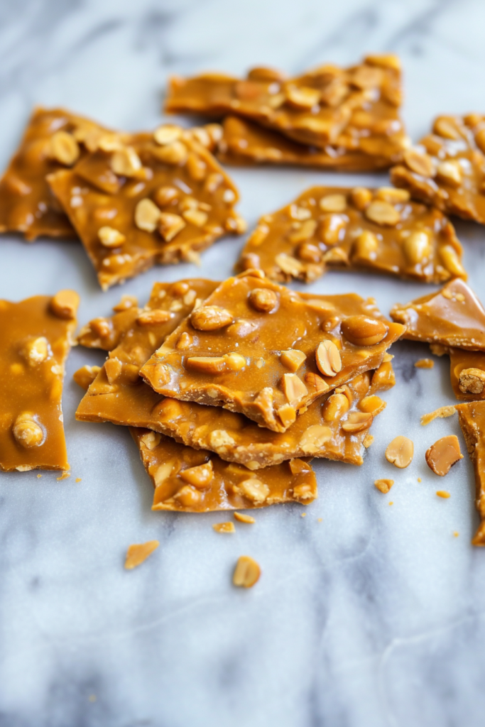 Golden shards of homemade peanut brittle with glossy caramelized surface.