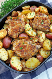 Final dish presentation: rustic tray filled with chops and colorful potatoes.