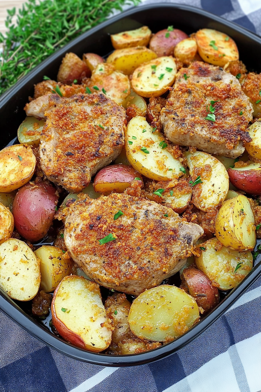 Final dish presentation: rustic tray filled with chops and colorful potatoes.