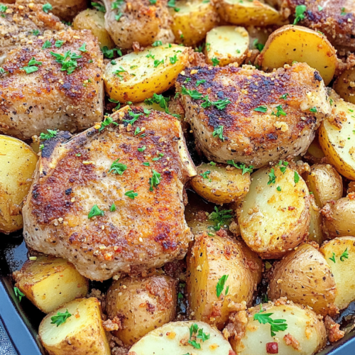 Crispy potatoes and tender pork arranged together, highlighting home-style flavors.