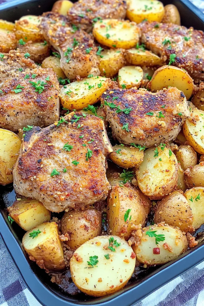 Crispy potatoes and tender pork arranged together, highlighting home-style flavors.