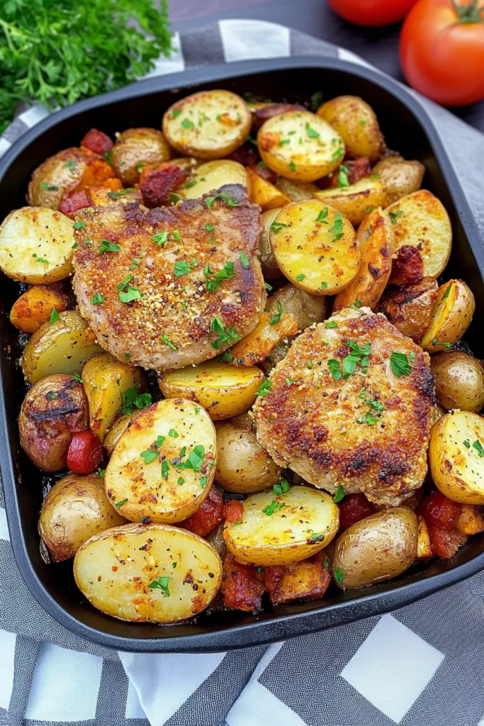 Hearty oven-roasted meal showing crisp potatoes alongside juicy pork.