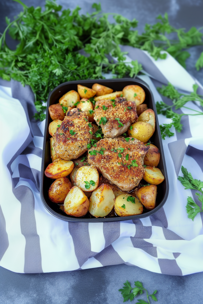 Golden baby potatoes and seared pork chops served in a rustic tray.