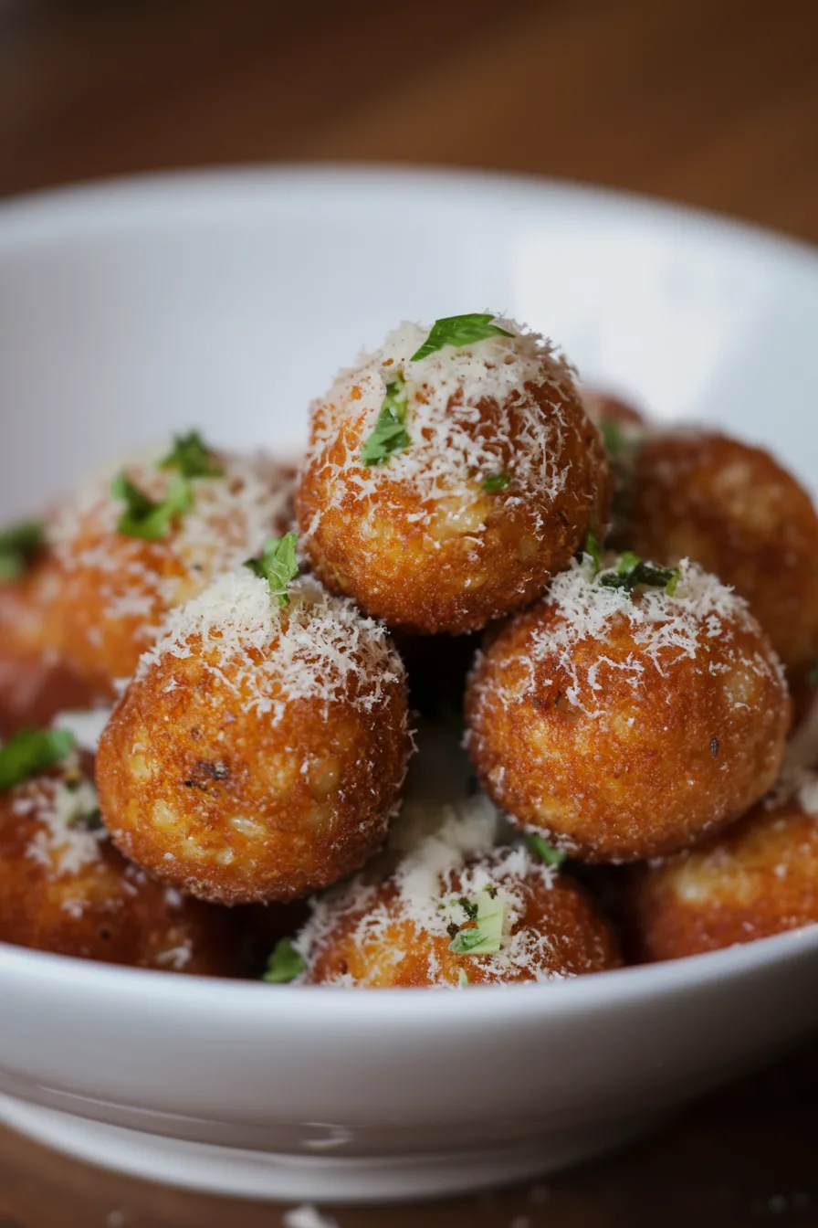 Mushroom arancini served in a bowl with grated parmesan and herbs