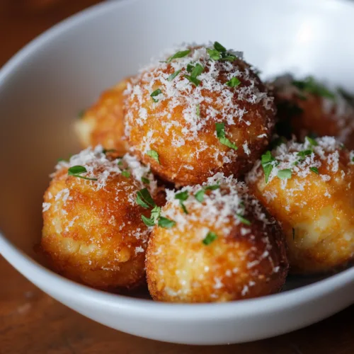 Crunchy fried risotto balls served warm with a cheesy topping