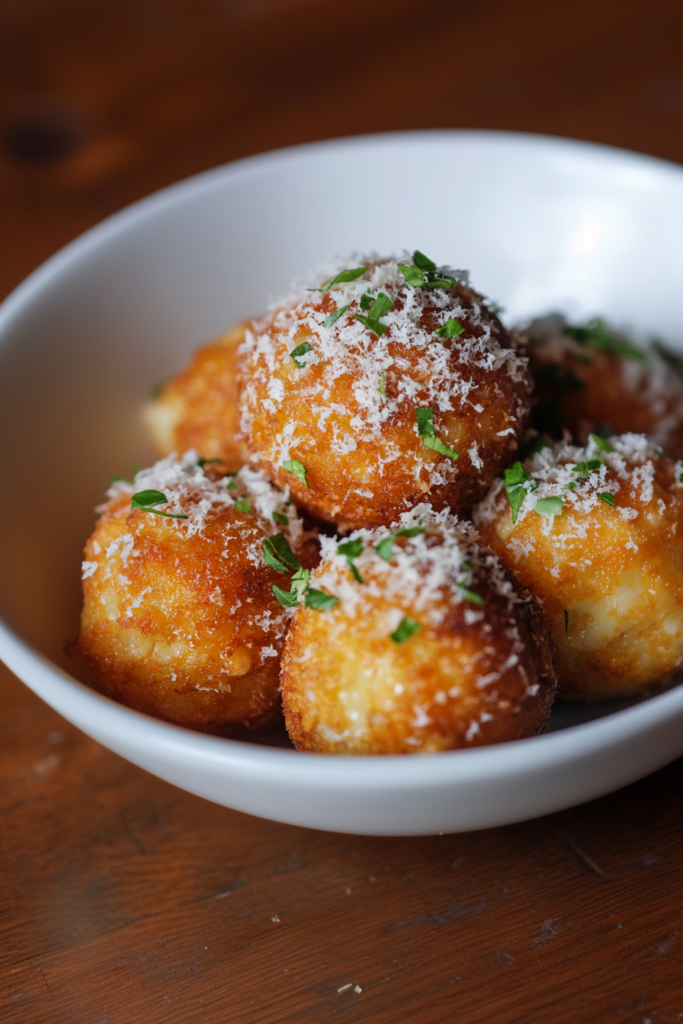 Crunchy fried risotto balls served warm with a cheesy topping