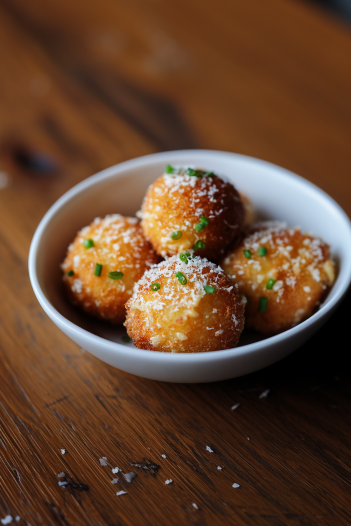 Bowl of golden brown bites sprinkled with cheese and herbs