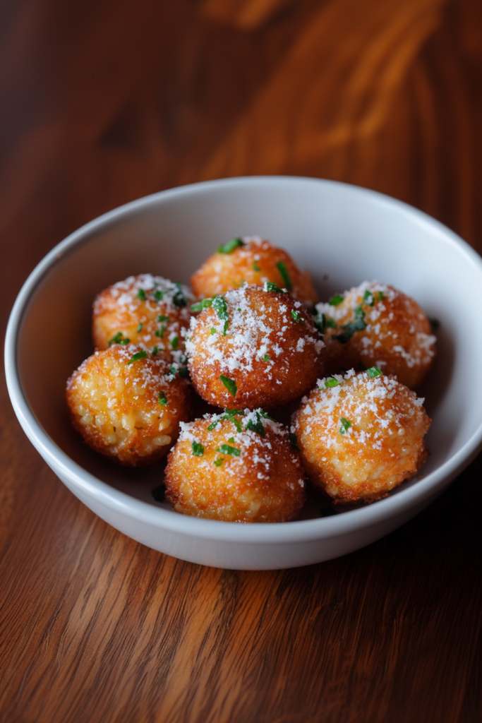 Crispy golden risotto balls topped with grated cheese and fresh herbs