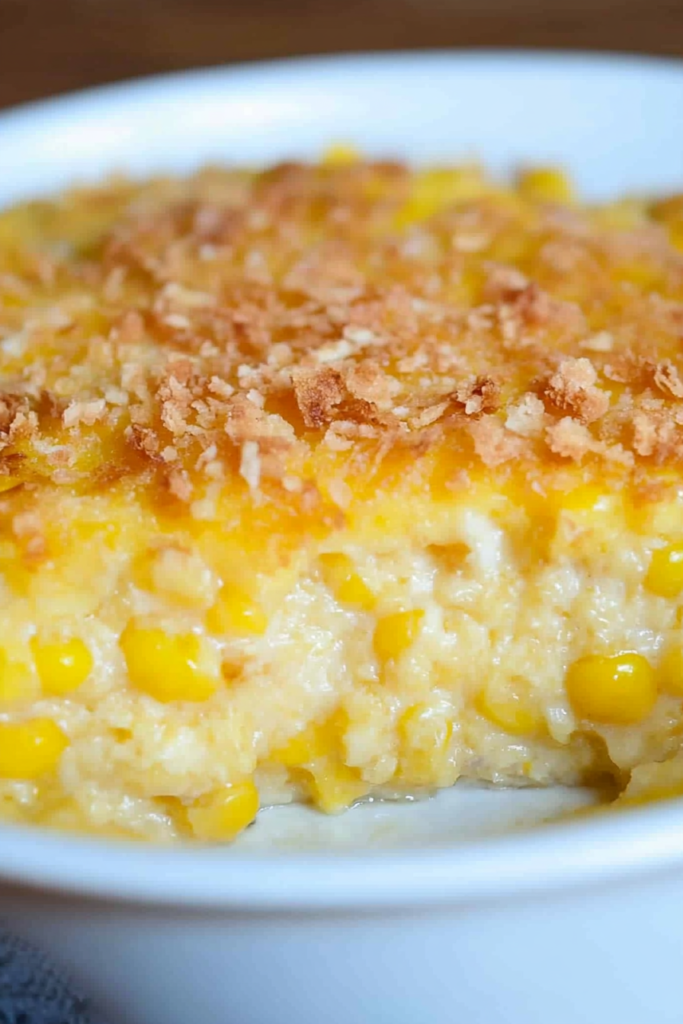 Close-up of creamy corn pudding showing whole kernels beneath its browned crust.