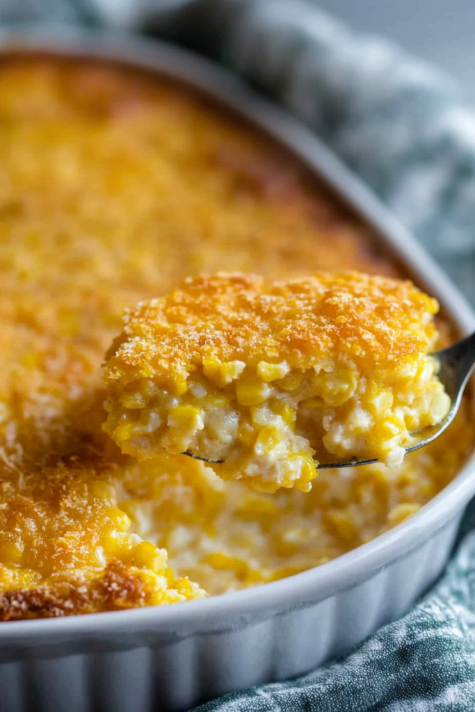 Golden corn pudding with a crisp top layer, scooped fresh from a ceramic baking dish.