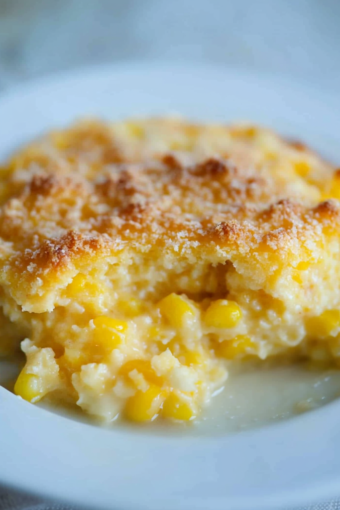Corn pudding portion served on a plate, showcasing its soft interior and lightly crisp edges.