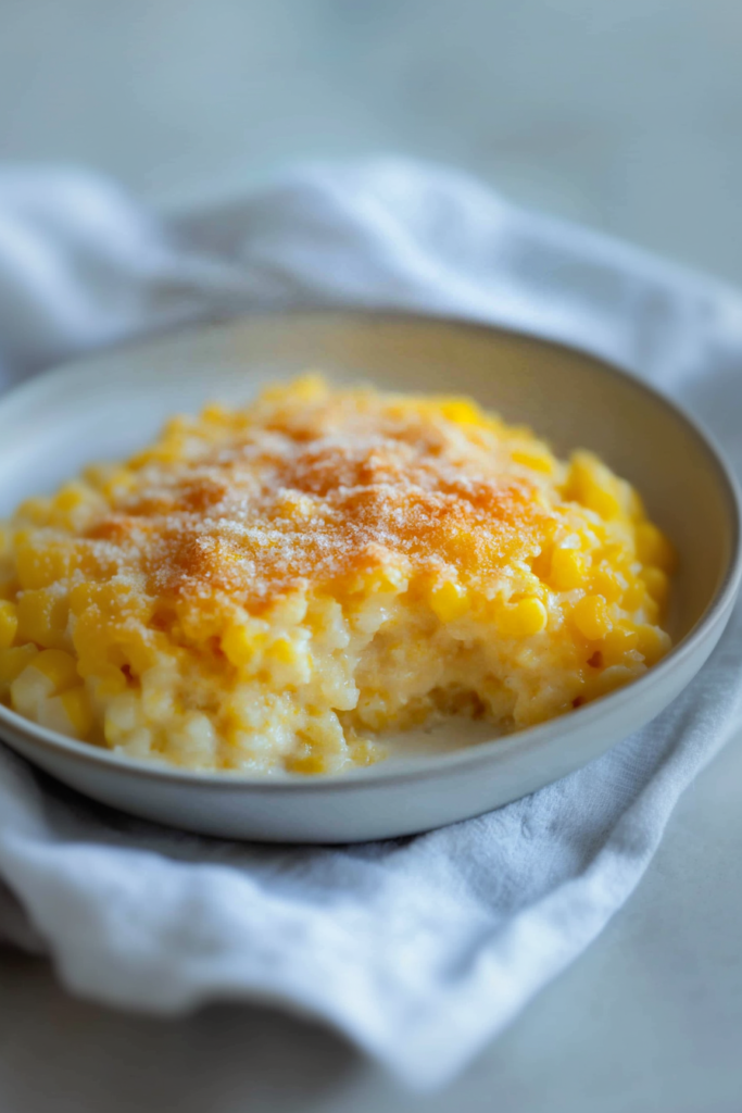 Warm corn pudding in a white casserole dish, its golden surface slightly cracked from baking.