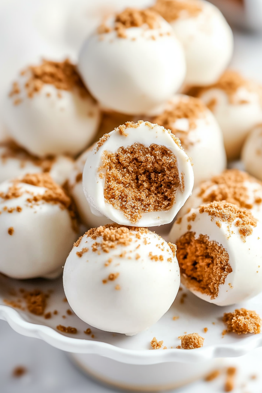 Close-up of a bitten truffle revealing its crumbly cookie interior against the smooth coating.