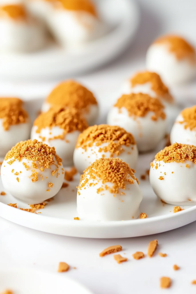 Final presentation of No-Bake Biscoff Cookie Truffles, showcasing their smooth exterior and crumbly center.