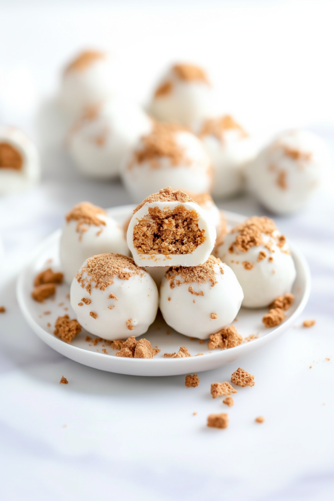 Round dessert bites topped with crushed cookies, highlighting the contrast of textures.