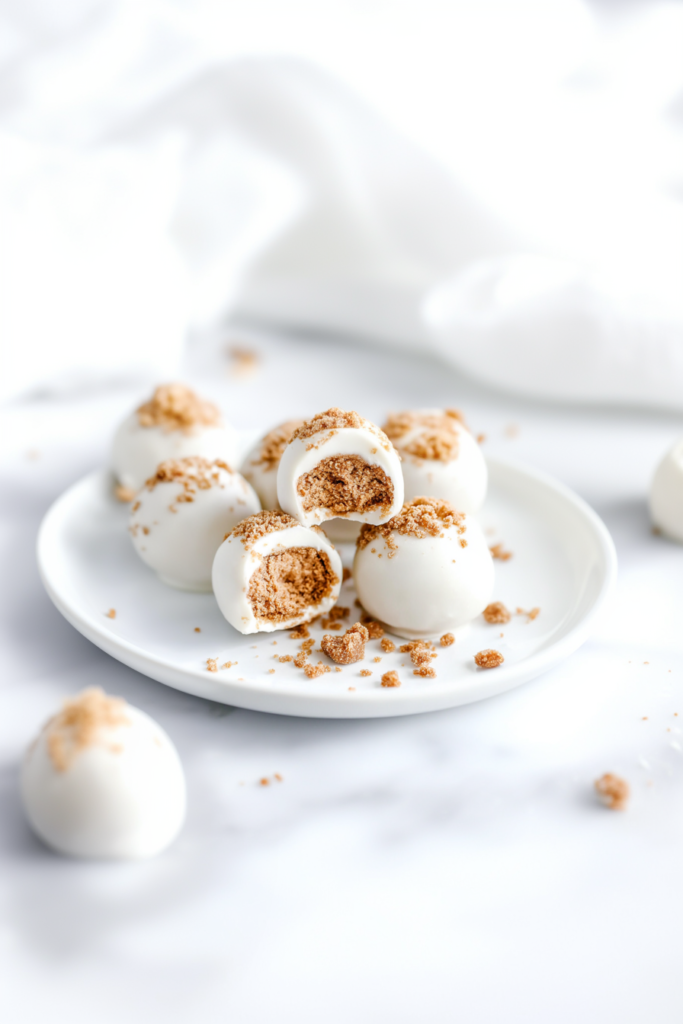 White chocolateโcoated truffles sprinkled with cookie crumbs, arranged neatly on a serving dish.
