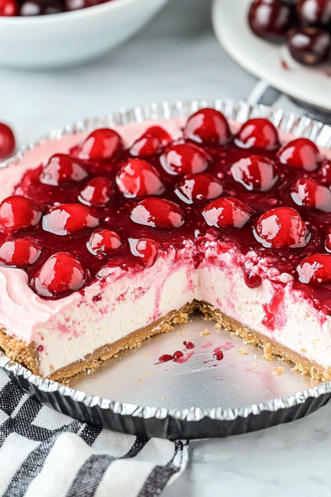 Classic cheesecake served with a bright red cherry topping and smooth cream filling.