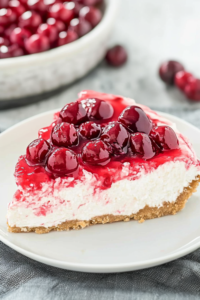 Rich cheesecake slice with crumbly crust and vibrant cherry layer glistening on top.
