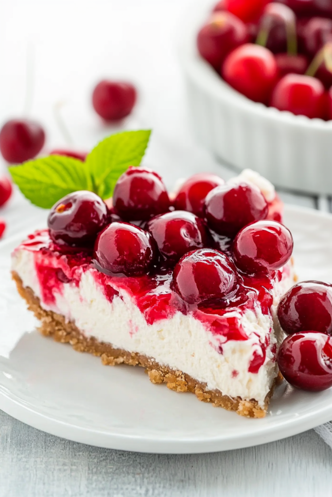 Dessert plate showcasing cheesecake slice with golden crust and glossy cherry finish.