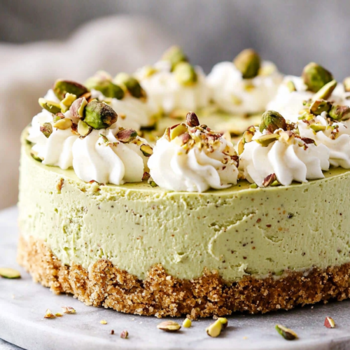 Close-up of a smooth green cheesecake garnished with piped cream and crushed nuts.