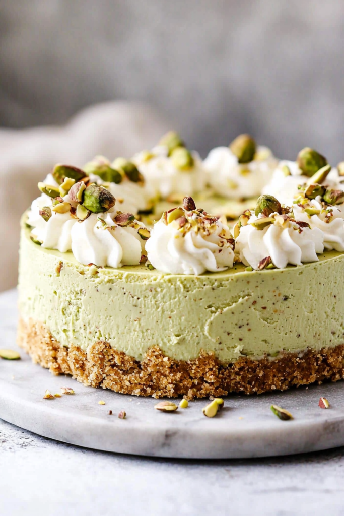 Close-up of a smooth green cheesecake garnished with piped cream and crushed nuts.