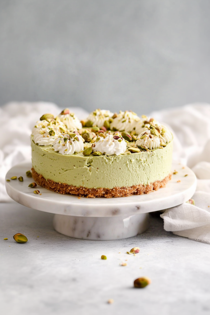 Elegant homemade cheesecake with a creamy pistachio layer and crunchy biscuit base.