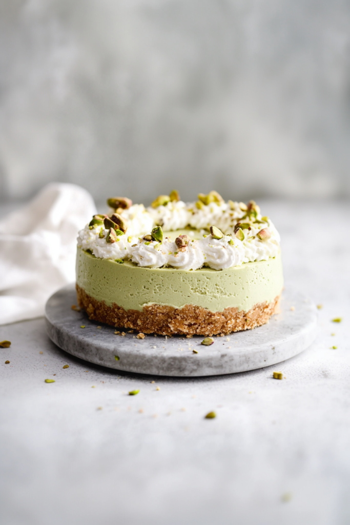 Creamy pistachio cheesecake topped with whipped cream and chopped pistachios on a golden graham cracker crust.