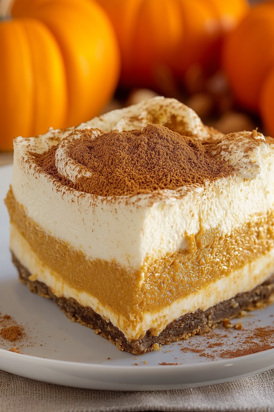 Seasonal dessert slice garnished with whipped topping and surrounded by small pumpkins.