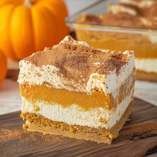 Pumpkin-flavored treat showing its orange layer, white filling, and golden crust.