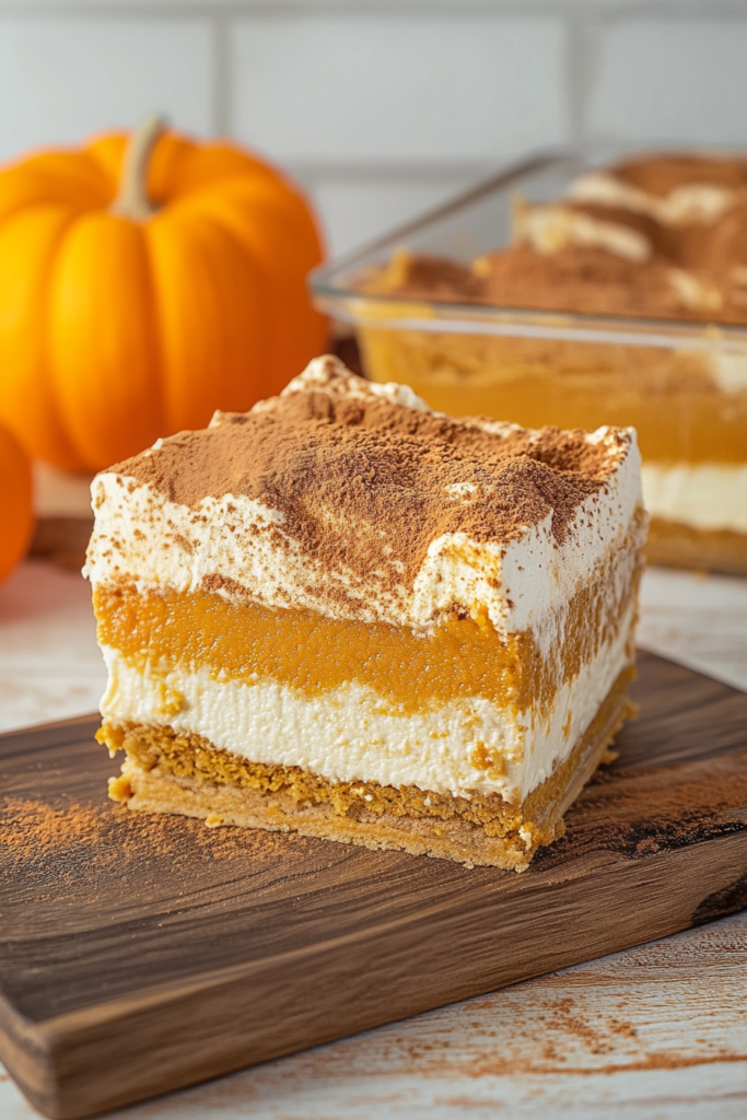 Pumpkin-flavored treat showing its orange layer, white filling, and golden crust.