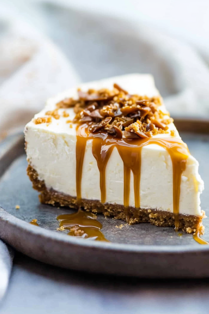Creamy cheesecake with a graham cracker crust, topped with caramel drizzle and toffee pieces.