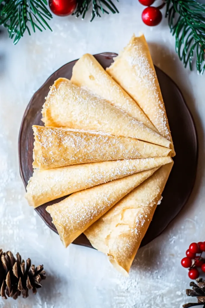 Delicate cone-shaped cookies arranged with holiday décor in the background.