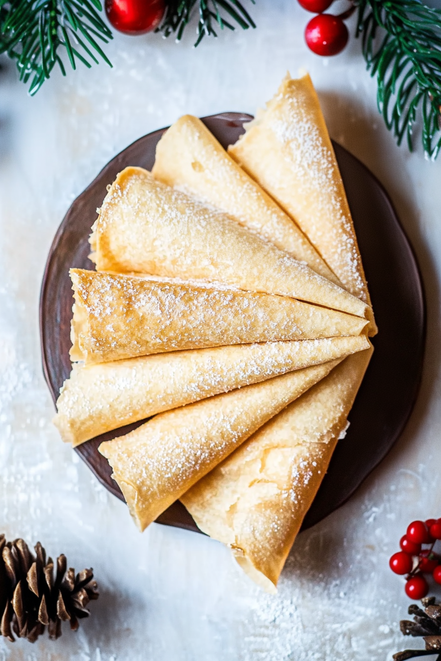 Delicate cone-shaped cookies arranged with holiday dรฉcor in the background.