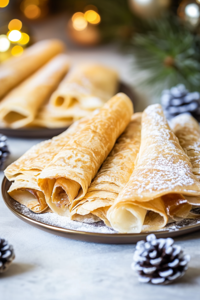 Rolled wafer cookies dusted with powdered sugar on a festive plate.
