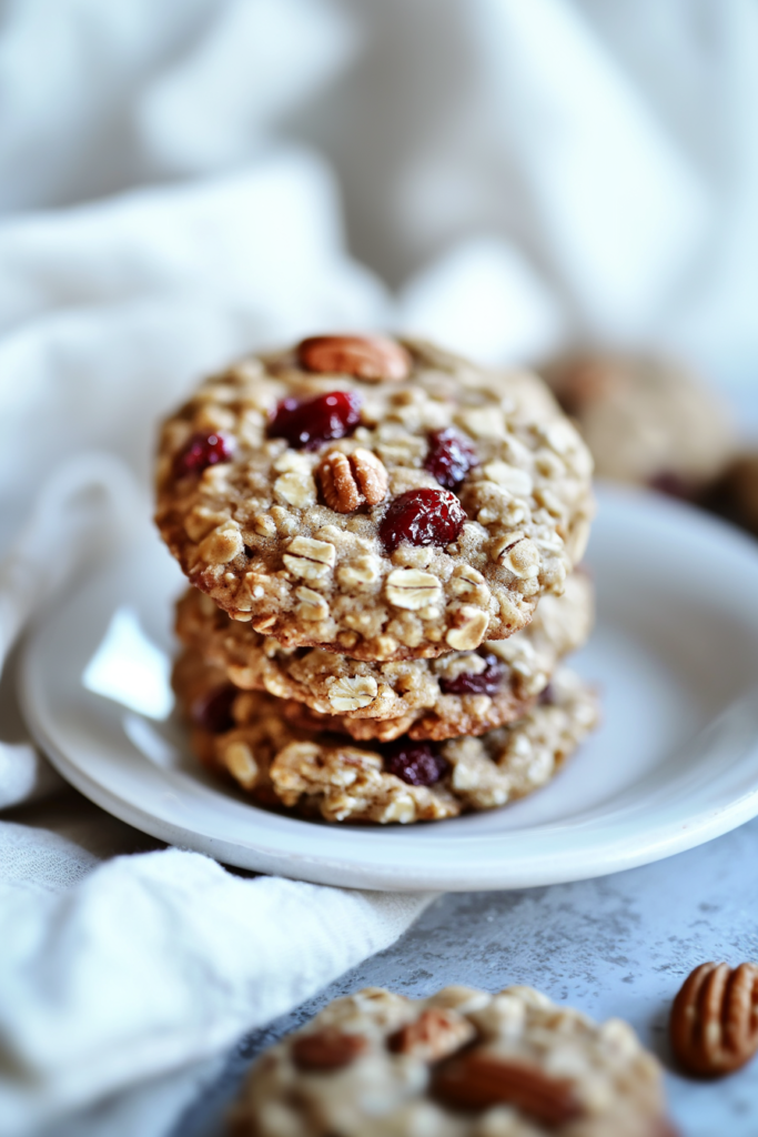 Plate of rustic cookies showing textured oats and glossy cranberries.
