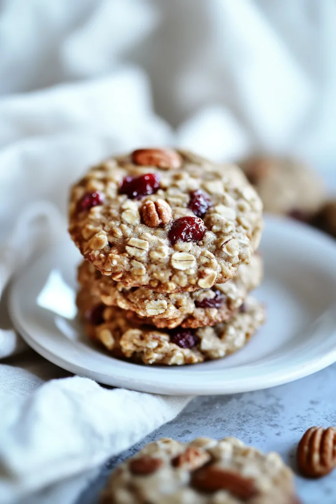 Plate of rustic cookies showing textured oats and glossy cranberries.