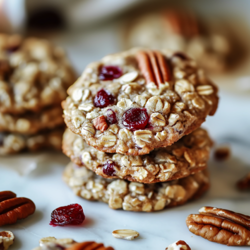 Stack of golden-brown cookies with oats and cranberries visible.