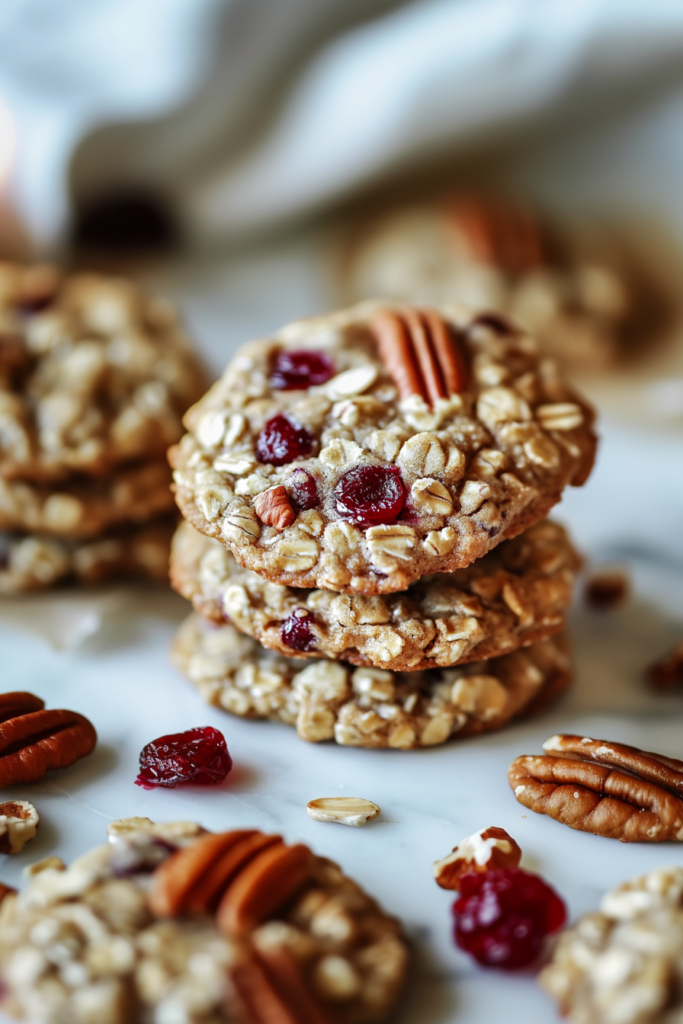 Stack of golden-brown cookies with oats and cranberries visible.