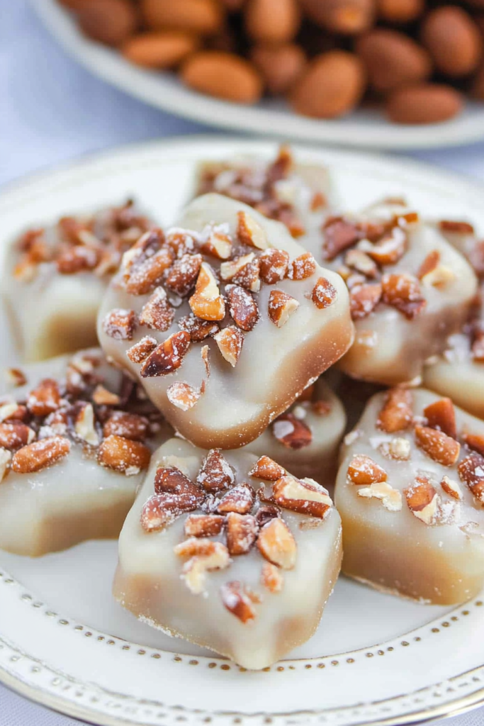 Square pralines coated in glossy glaze, pecans embedded throughout.