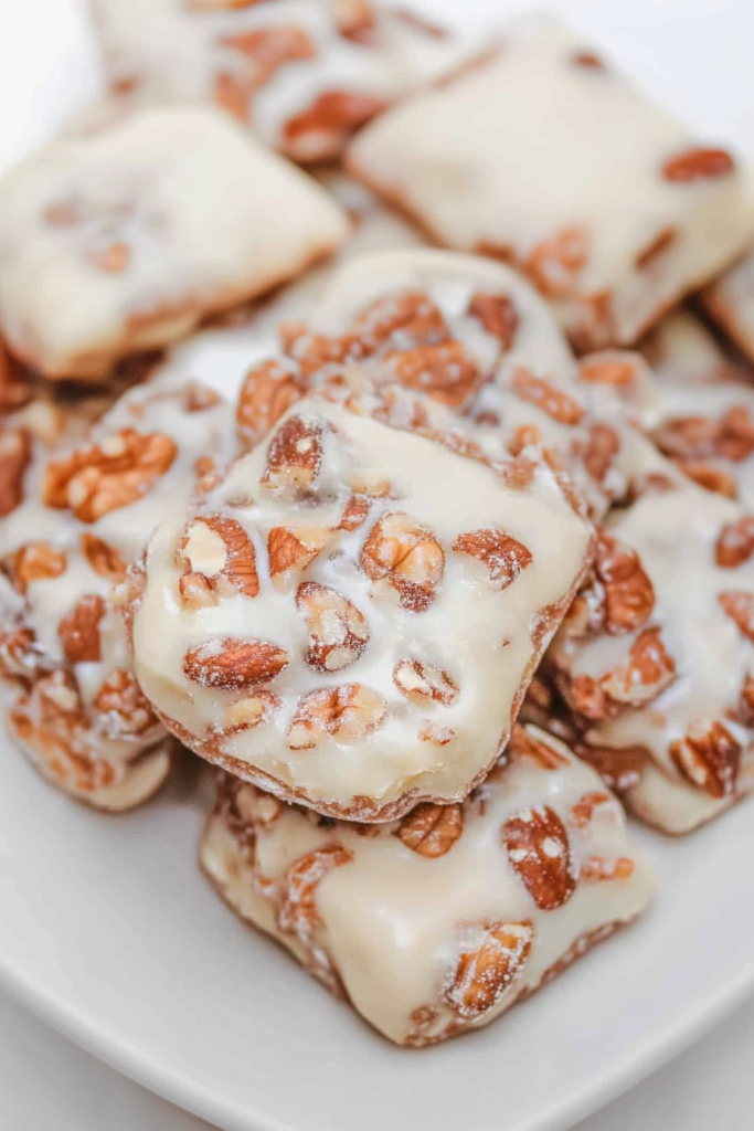 Sweet nut-filled squares stacked together, showcasing their shiny finish.