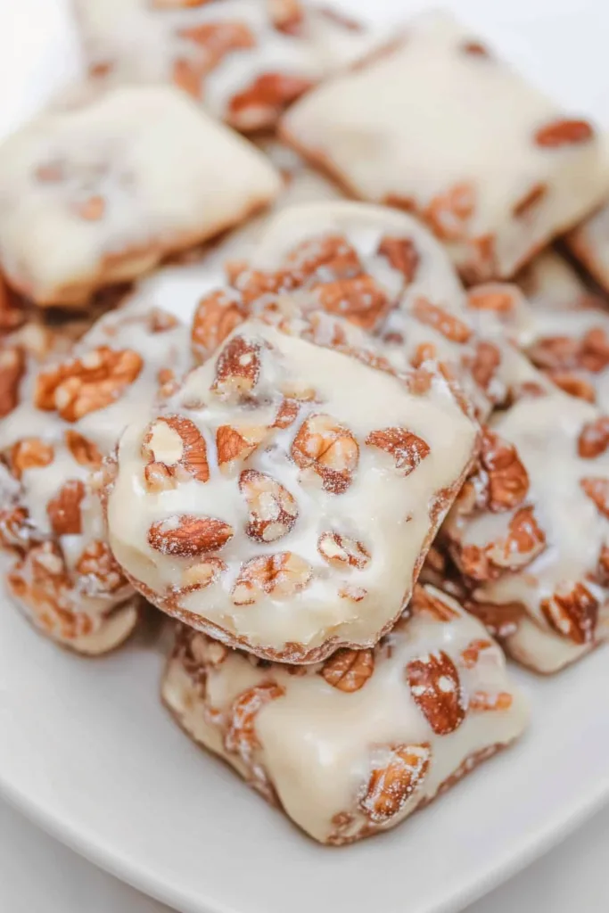 Sweet nut-filled squares stacked together, showcasing their shiny finish.