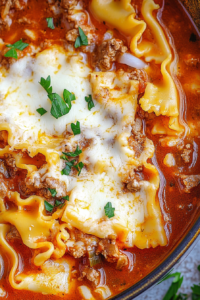 Close-up of a comforting bowl of pasta soup topped with creamy cheese and sprinkled herbs.