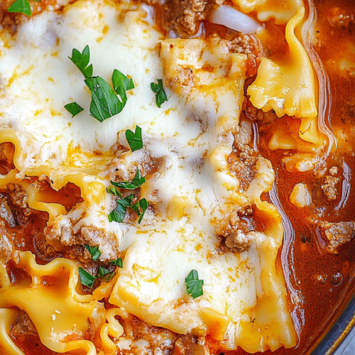 Close-up of a comforting bowl of pasta soup topped with creamy cheese and sprinkled herbs.