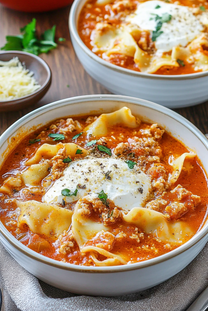 Hearty tomato soup with tender pasta pieces, seasoned meat, and melted cheese served in a bowl.